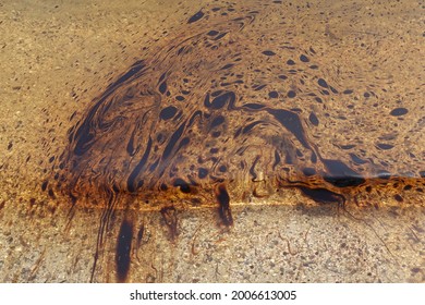 Natural Tar On Sea Water Surface. Polluted Beach.