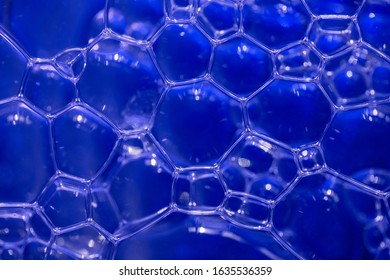 Natural texture of soap foam bubbles super macro closeup. Cool polygon geometric 3d pattern background. Sientific cell tissue molecular texture wallpaper. Hexagonal blue network structure.