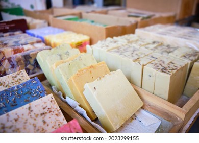 Natural Traditional Turkish Bittim Soap. Craft Soap Bars At Traditional Store Counter. Handmade Soap With Natural Additives And Extracts. 