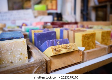 Natural Traditional Turkish Bittim Soap. Craft Soap Bars At Traditional Store Counter. Handmade Soap With Natural Additives And Extracts. 