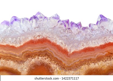Natural translucent amethyst crystal surface cut isolated on white background, Purple healing abstract structure slice mineral stone macro closeup