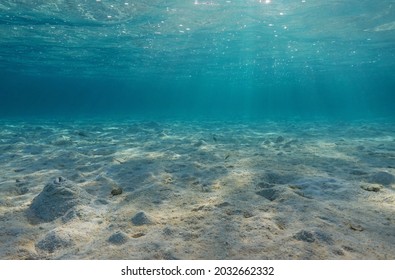 Natural underwater seascape, sand on the ocean floor and water surface with sunlight, Bora Bora, Pacific ocean, French Polynesia