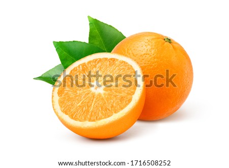 Natural  Valecia orange fruit with cut in half and green leaves isolated on white background. 