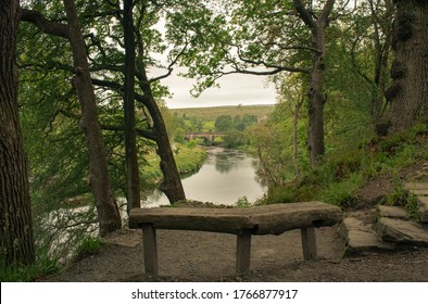 Natural viewpoint with a wooden bench in the foreground overlooking the Wharfe River and Barden Bridge