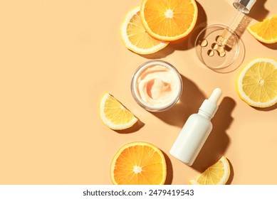 Natural vitamin C serum and face cream, skin care, essential oil products. Cosmetic products and fresh citrus lemon and orange fruit slice, bright trendy layout. - Powered by Shutterstock