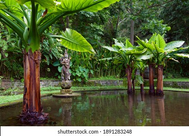 Natural Water Pool With Devi Saraswati Old Sculpture, Hindu Goddess Of Knowledge. Ancient Water Garden Tirta Gangga. Culture, Arts Of Bali, Popular Travel Destinations In Indonesia