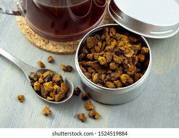 Natural and wild chaga mushroom pieces in container. Accompanied by a cup of hot chaga tea on gray wood background.