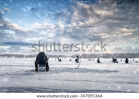  natural winter  background, fisherman on ice,