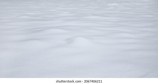 Natural winter background with snow drifts. Snowy clean field. Nature Winter texture for Design of fresh fuffy snow. Wintertime. Beautiful snowdrifts