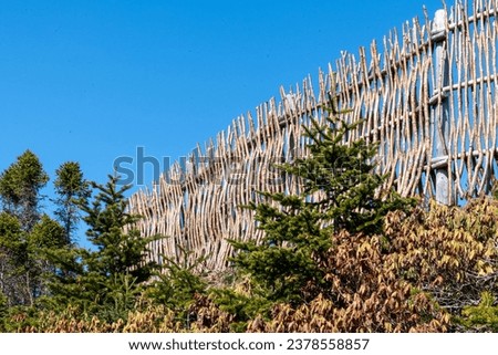 A natural wood weaved twig fence separating and protecting the garden. The three foot fence has crisscrossed narrow branches of rough spruce wood.  There are leaves on the ground among the large trees