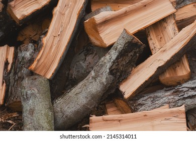 Natural wooden background - close-up of chopped firewood. Firewood is stacked randomly on top of each other. Raw materials for woodworking. Logging industry. Pile of wood logs ready for winter.