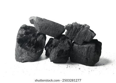 Natural wooden charcoal isolated on a white background, black coal texture, coal for barbecue. Perfect for design element, space for text or any commercial usages. Mockup template for artwork design.