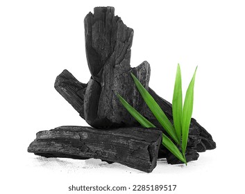 Natural wooden charcoal or traditional hard wood charcoal isolated on a white background. Charcoal powder has medicinal properties.