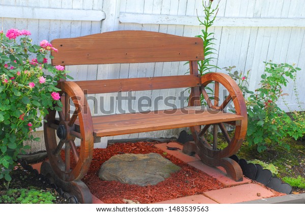 Natural Wooden Garden Bench Middle Flowers Stock Photo Edit Now