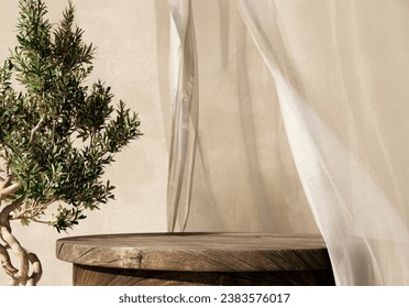 Natural wooden table and organic cloth with olive tree plant. Product placement mockup design background. Outdoor tropical summer scene with rustic vintage countertop display