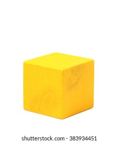 Natural Wooden Yellow Cube Closeup Isolated On White