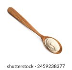 Natural yogurt in wooden spoon isolated on white, top view