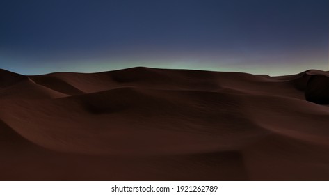 Naturally formed desert landscape dunes night photograph. Distance city lights in slightly over the desert is a rare scene in middle east region, beauty of natural changes over great stretches. 