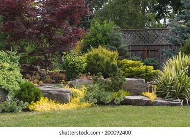 Naturally sculptured flat top rocks from northwest Oregon are placed in a beautifully landscaped backyard among a variety of perennial evergreens and shrubs. 