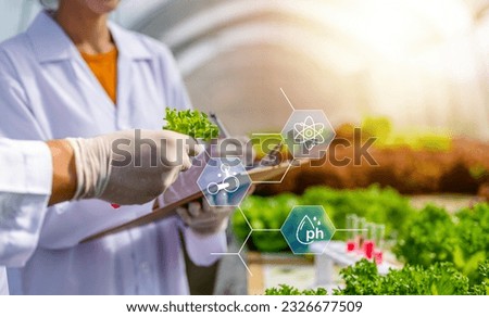 nature, agriculture, laboratory, science, researcher, biochemistry, eco, chemical, biotechnology, plant. researchers pick up trial sample for check research bio laboratory. eco nature chemical. 商業照片 © 