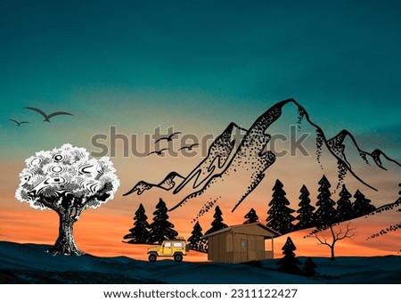nature art painting works model tree house car hills birds tree forest land lovely capture place tourist land vector type house hut photography picture nature click landscape