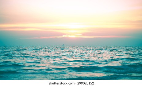 Nature Background Blue Sky With Sun Set And Dark Sea Blurry Vintage Style