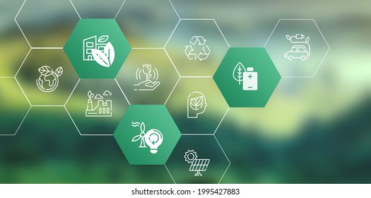 Nature Background with icons energy sources for renewable, sustainable development. Ecology concept. - Shutterstock ID 1995427883
