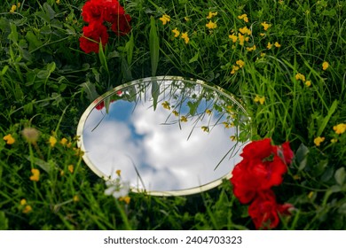 Nature concept - sky and clouds reflection in round mirror in the grass with red flowers. Mirror lies on the summer field, close up. Template, mock up - Powered by Shutterstock