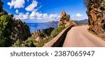 Nature of Corsica, France. Amazing red rocks of Calanques de Piana. famous route and travel destination in west coast of the island in gulf of Porto
