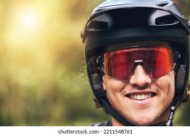 Nature, Cycling And Man With Helmet Portrait And Excited Face With Goggles For Adventure Closeup. Happy And Young Athlete Male With Smile Ready For Sports Activity With Head Protection Mockup.