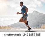 Nature, fitness and man running in road for endurance challenge, cardio workout or marathon. Outdoor, speed and African athlete in street for physical activity, performance or race in Brazil