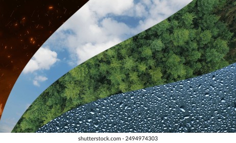 Nature four elements background. Earth, air, water and fire. Curvy collage background.	

