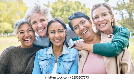 Nature, friends and portrait of group of women enjoying bonding, quality time and relax in retirement together. Diversity, friendship and faces of happy females with smile, hugging and wellness - Powered by Shutterstock