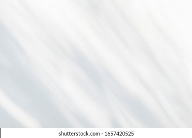 Nature Gray Shadow And Light Diagonally Abstract Background. Leaf And Tree Shadows Bokeh With Sunlight On White Concrete Wall Texture For Wallpaper, Backdrop And Any Design
