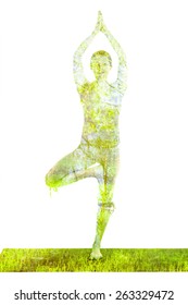 Nature Harmony Healthy Lifestyle Concept - Double Exposure Image Of  Woman Doing Yoga Tree Pose Asana (Vrikshasana) Exercise Isolated On White Background