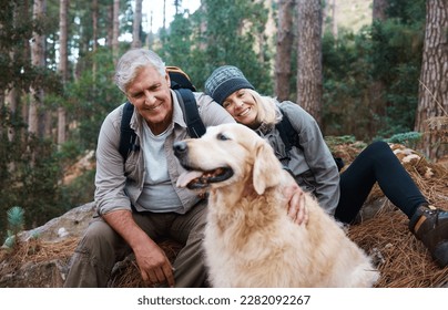 Nature, hike and senior couple with their dog in the woods for a wellness cardio exercise. Happy, travel and elderly man and woman hikers in retirement hiking with their pet in a forest in Australia. - Powered by Shutterstock