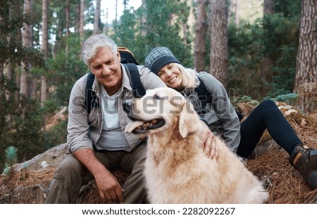 Nature, hike and senior couple with their dog in the woods for a wellness cardio exercise. Happy, travel and elderly man and woman hikers in retirement hiking with their pet in a forest in Australia.