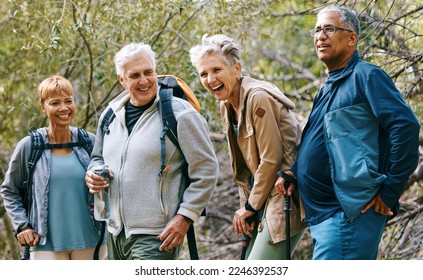 Nature, hiking and happy senior friends bonding, talking and laughing at comic joke in forest. Happiness, fun and group of elderly people trekking together for health, wellness and exercise in woods. - Powered by Shutterstock