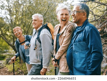 Nature, hiking and happy senior friends bonding, talking and laughing at comic joke in forest. Happiness, fun and group of elderly people trekking together for health, wellness and exercise in woods. - Shutterstock ID 2266046651