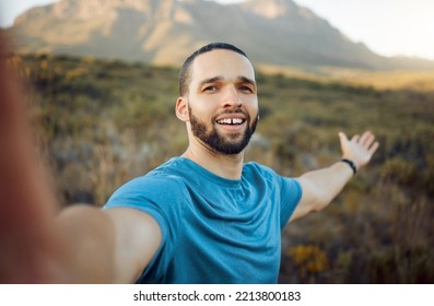 Nature hiking, selfie and influencer man live streaming for social media post, travel update and online landscape blog. Fitness, adventure pov person mountains trekking with 5g videography technology - Powered by Shutterstock