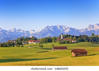 Nature Landscape Of Alps Mountain And Countryside Village In Bavaria, Germany