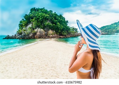 Nature for life, Traveler asian woman in bikini relaxing and looking natural sea beach and island, Koh Pak Bia, Andaman sea, Krabi, Travel in Thailand, Destination asia, Summer holiday vacation trip