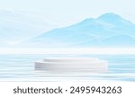 Nature Mock-Up Banner: Podium on Water with Ocean and Ice Mountain Background for Beauty Product Promotion. 3D Rendering