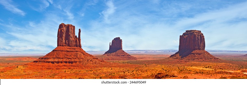 Nature in Monument Valley Navajo Park, Utah USA Red desert landscape, famous view on a beautiful summer day with blue sky and clouds