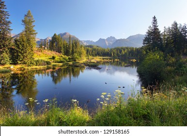 Nature Mountain Scene With Beautiful Lake In Slovakia Tatra - Strbske Pleso