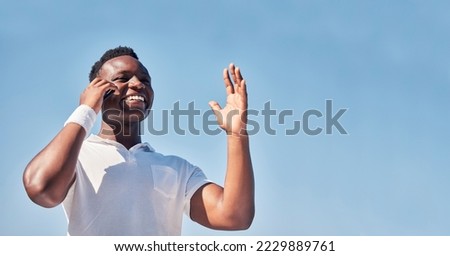 Nature, phone call communication and black man talking, speaking or chatting. Blue sky, mobile and low angle of male on 5g smartphone in conversation, discussion or networking with contact outdoors.