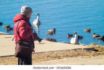 Nature Photographer Searching For Beauty. View From Behind. Blurred Background With Bird Silhouettes.