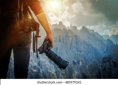 Nature Photography Concept. Professional Nature Photographer And The Mountain Vista.