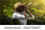 Nature photography day image, Tourist photographer taking picture of nature, wildlife photographer exploring jungle, adventure travel and tours concept image