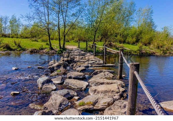 Nature reserve with stepping stones at Brug\
Molenplas in the  river Oude Maas, wooden posts and rope fences,\
green trees in background, sunny day in Stevensweert, South\
Limburg, Netherlands